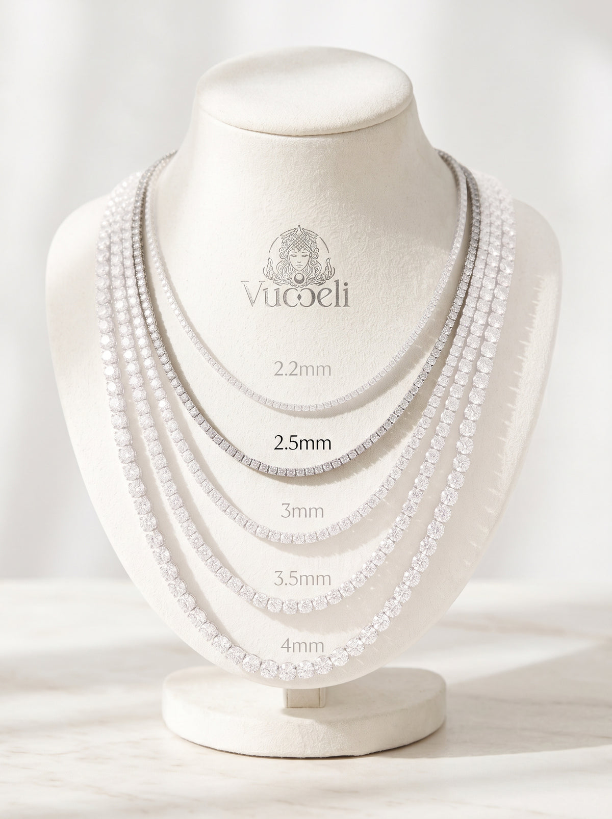 Classico tennis necklace, 2.5mm lab grown diamonds, 18K white gold - stone size comparison with 2.5mm highlighted