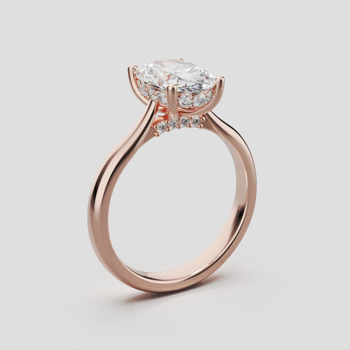 Volta, 1.5ct oval lab grown diamond engagement ring, Cathedral Hidden Halo Bridge, 18K rose gold - ne