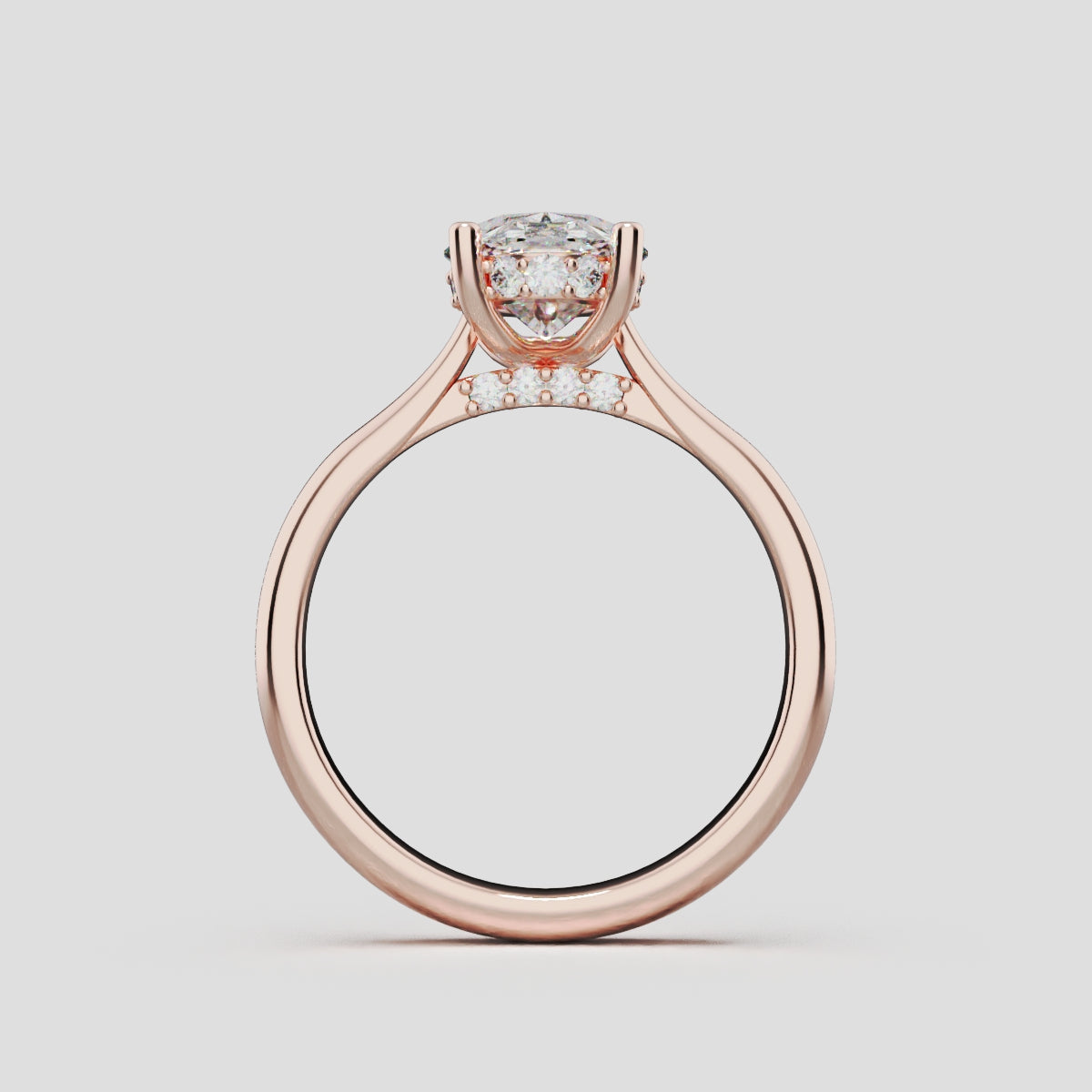Volta, 1.5ct oval lab grown diamond engagement ring, Cathedral Hidden Halo Bridge, 18K rose gold - through finger
