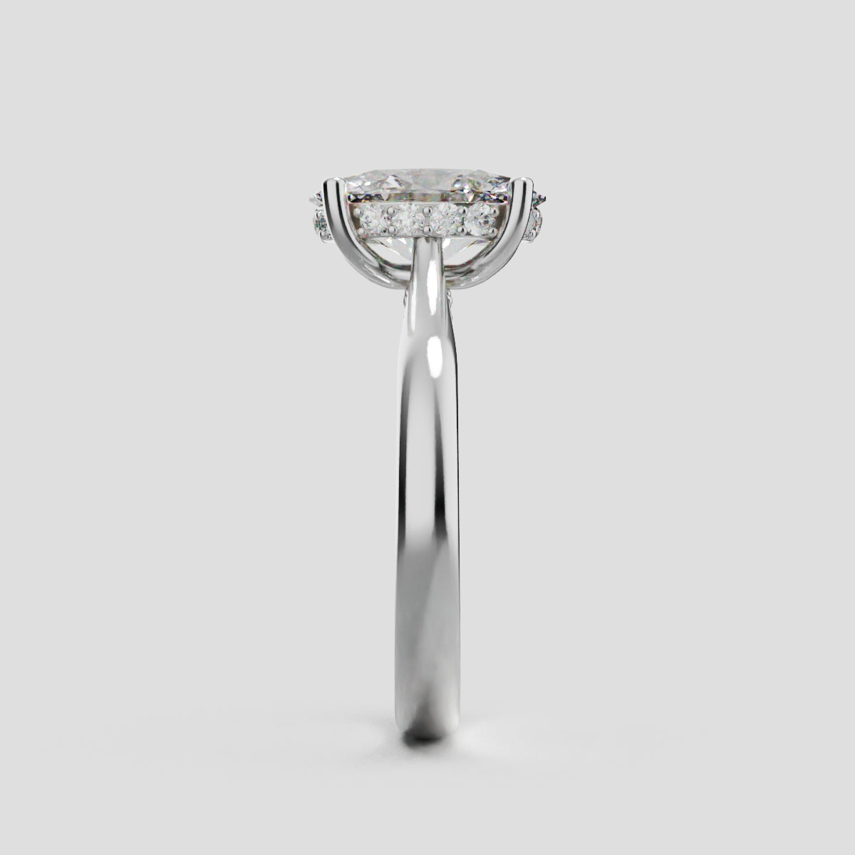Volta, 1.5ct oval lab grown diamond engagement ring, Cathedral Hidden Halo Bridge, 18K white gold - side view