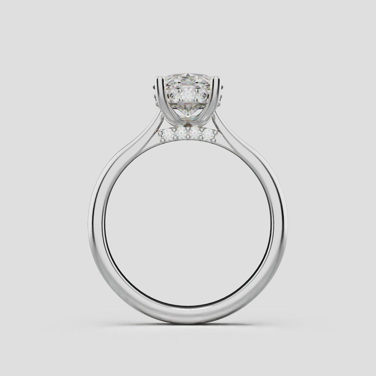 Volta, 1.5ct oval lab grown diamond engagement ring, Cathedral Hidden Halo Bridge, 18K white gold - through finger