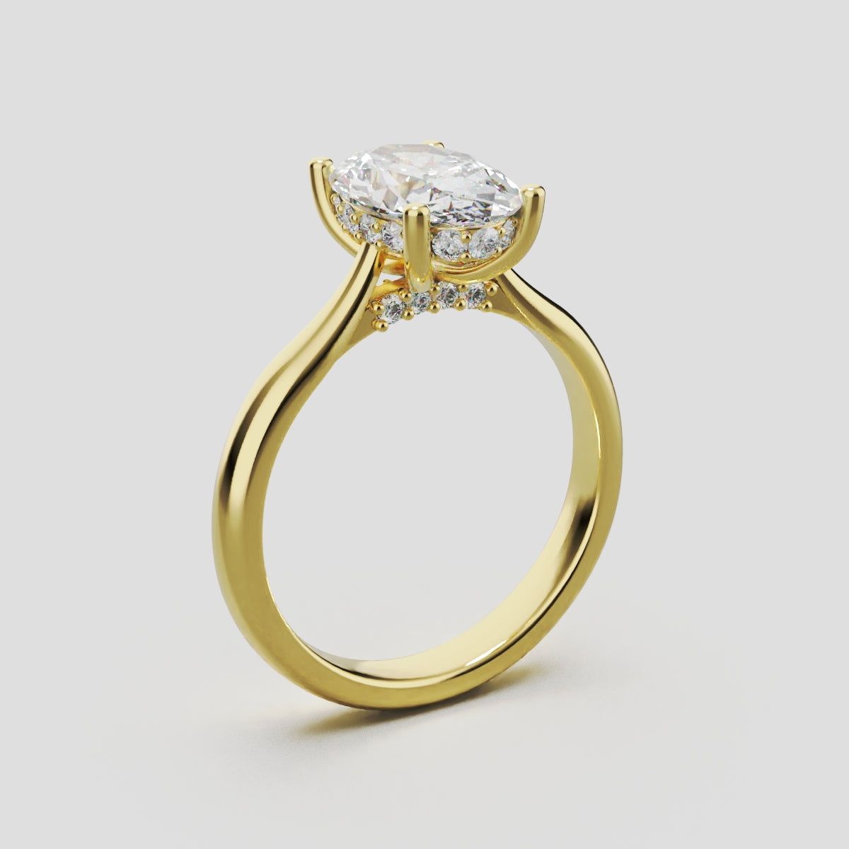Volta, 1.5ct oval lab grown diamond engagement ring, Cathedral Hidden Halo Bridge, 18K yellow gold - ne
