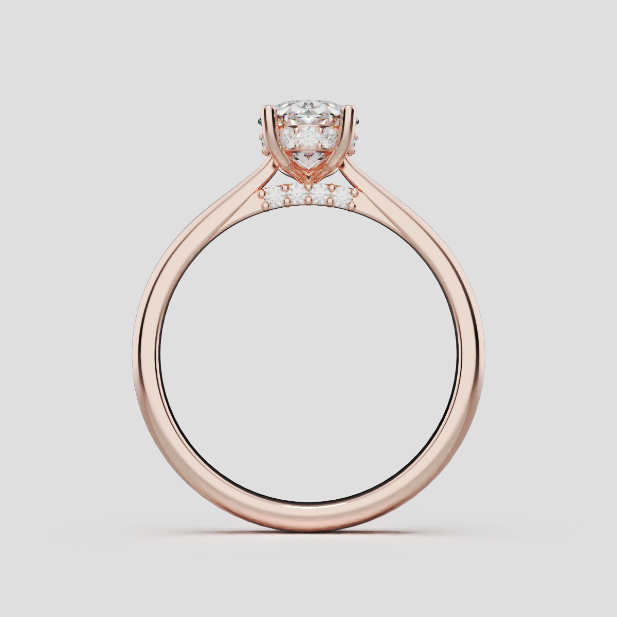 Volta, 1ct oval lab grown diamond engagement ring, Cathedral Hidden Halo Bridge, 18K rose gold - through finger