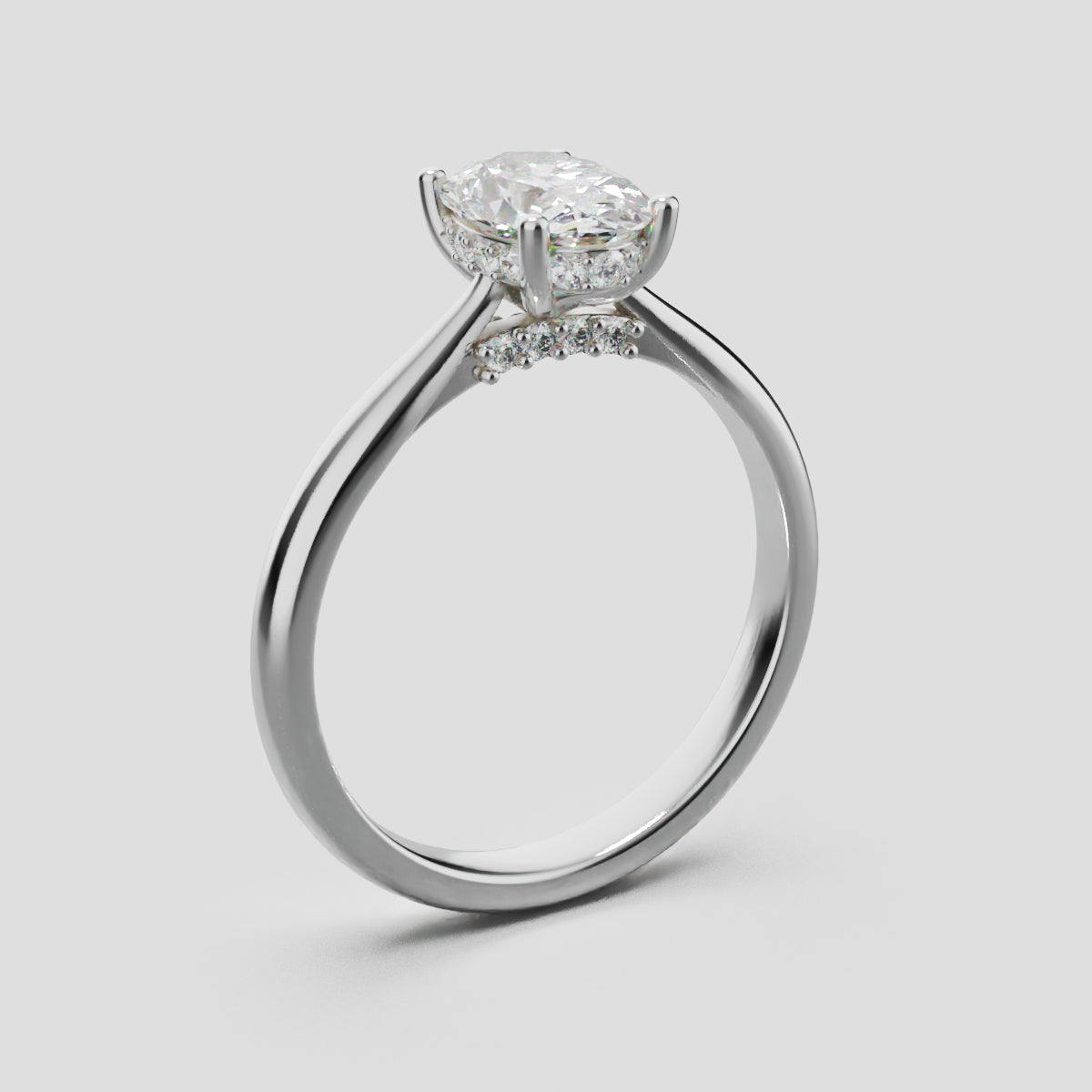 Volta, 1ct oval lab grown diamond engagement ring, Cathedral Hidden Halo Bridge, 18K white gold - ne