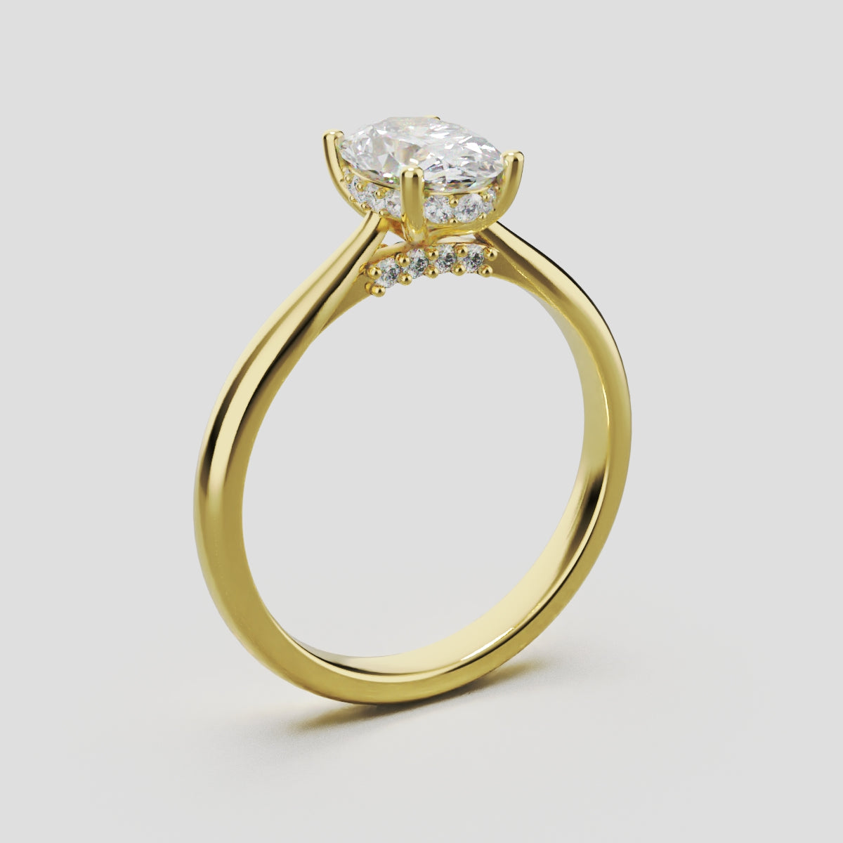 Volta, 1ct oval lab grown diamond engagement ring, Cathedral Hidden Halo Bridge, 18K yellow gold - ne