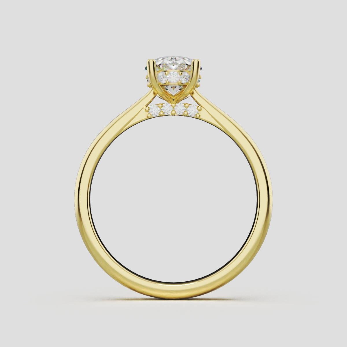 Volta, 1ct oval lab grown diamond engagement ring, Cathedral Hidden Halo Bridge, 18K yellow gold - through finger