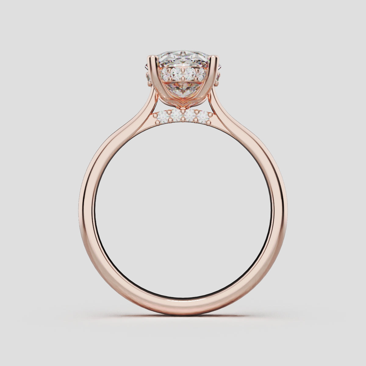 Volta, 2ct oval lab grown diamond engagement ring, Cathedral Hidden Halo Bridge, 18K rose gold - through finger