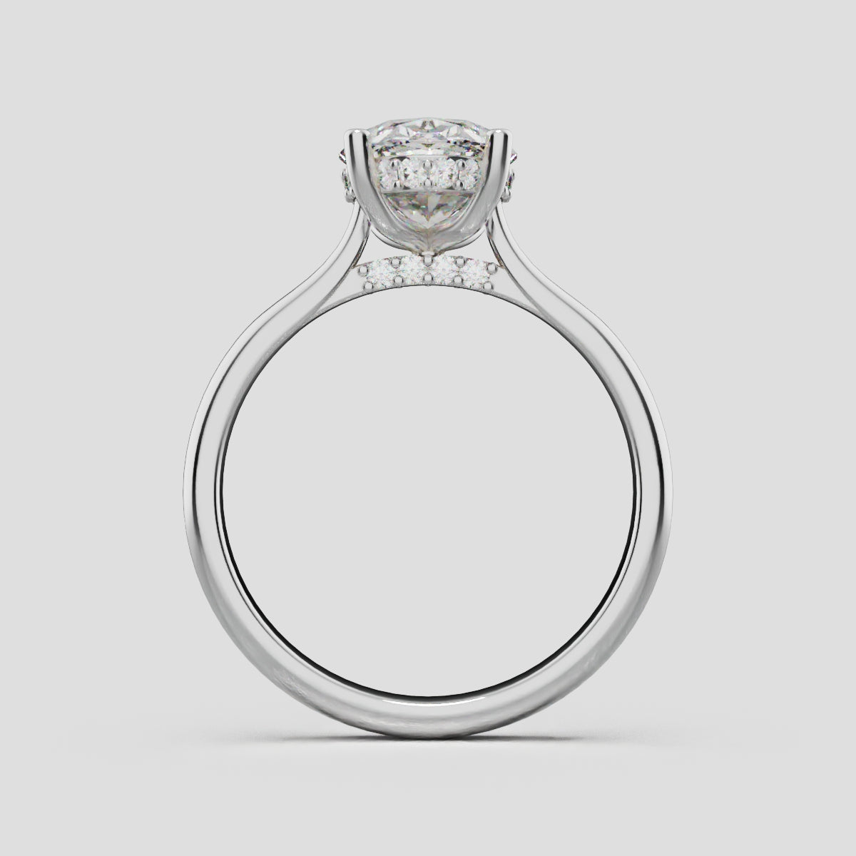 Volta, 2ct oval lab grown diamond engagement ring, Cathedral Hidden Halo Bridge, 18K white gold - through finger