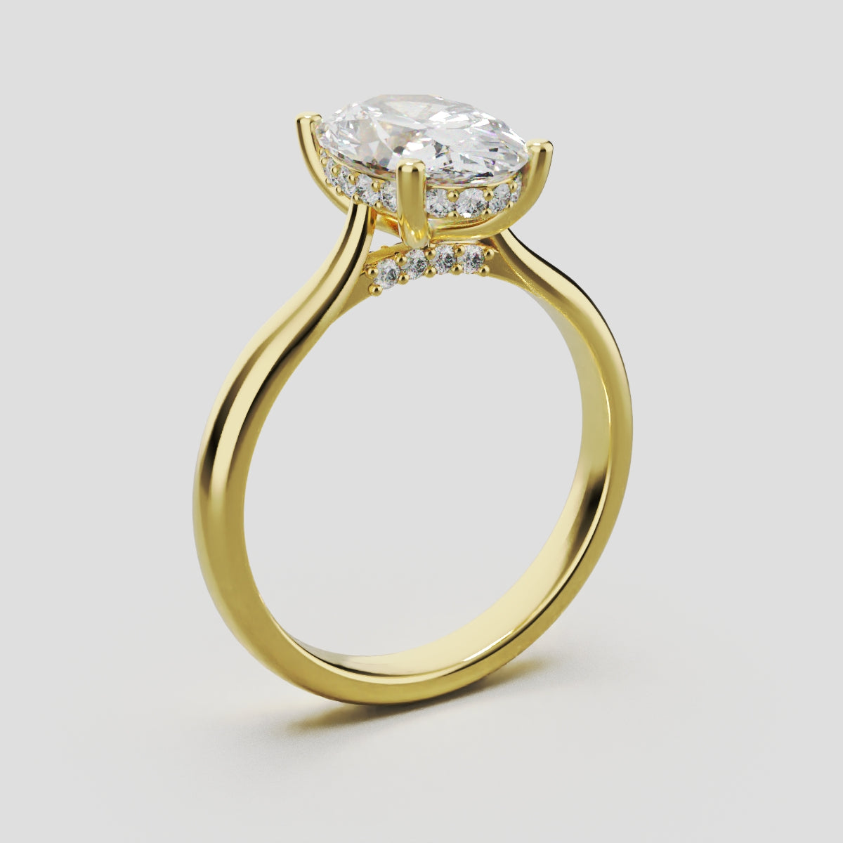 Volta, 2ct oval lab grown diamond engagement ring, Cathedral Hidden Halo Bridge, 18K yellow gold - ne
