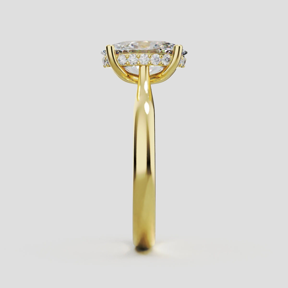 Volta, 2ct oval lab grown diamond engagement ring, Cathedral Hidden Halo Bridge, 18K yellow gold - side view