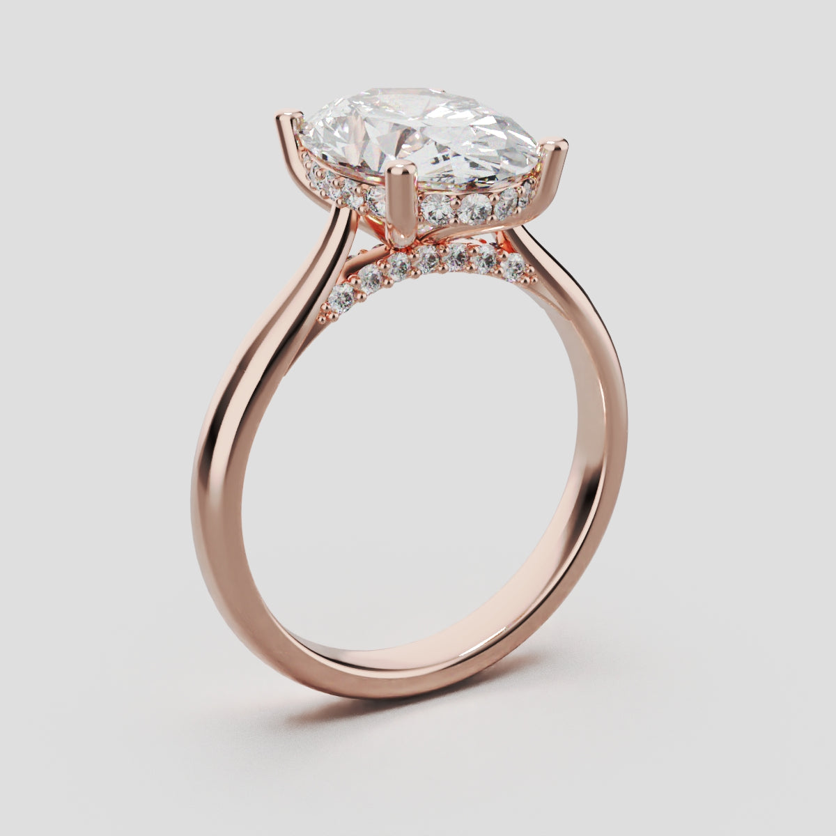 Volta, 3ct oval lab grown diamond engagement ring, Cathedral Hidden Halo Bridge, 18K rose gold - ne