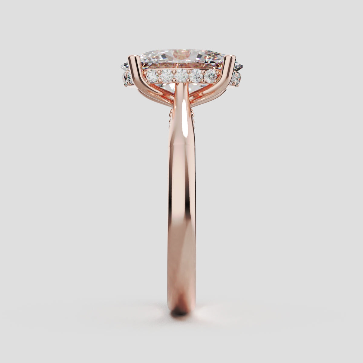 Volta, 3ct oval lab grown diamond engagement ring, Cathedral Hidden Halo Bridge, 18K rose gold - side view