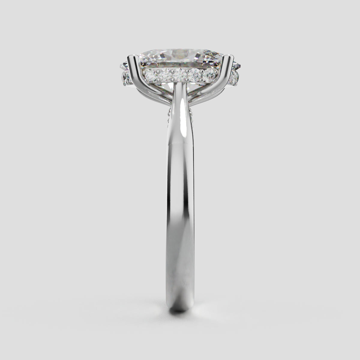 Volta, 3ct oval lab grown diamond engagement ring, Cathedral Hidden Halo Bridge, 18K white gold - side view