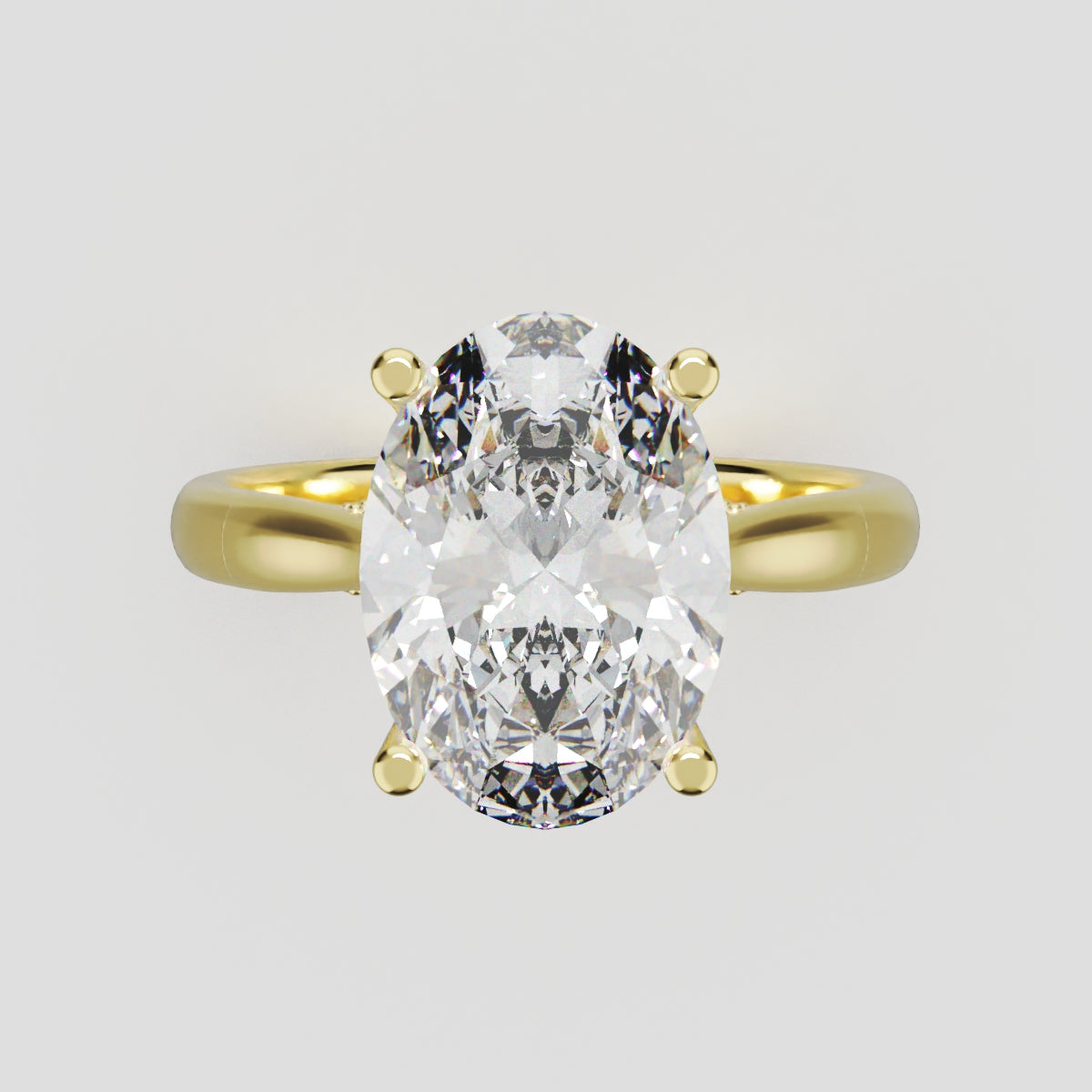Volta, 3ct oval lab grown diamond engagement ring, Cathedral Hidden Halo Bridge, 18K yellow gold - front view