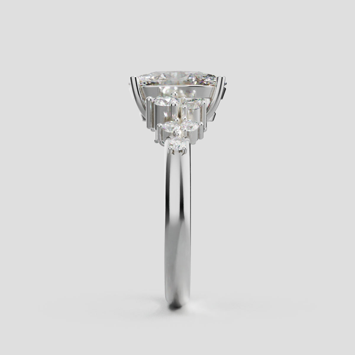 Sciame, 1.5ct oval lab grown diamond engagement ring, Cluster, 18K white gold - side view