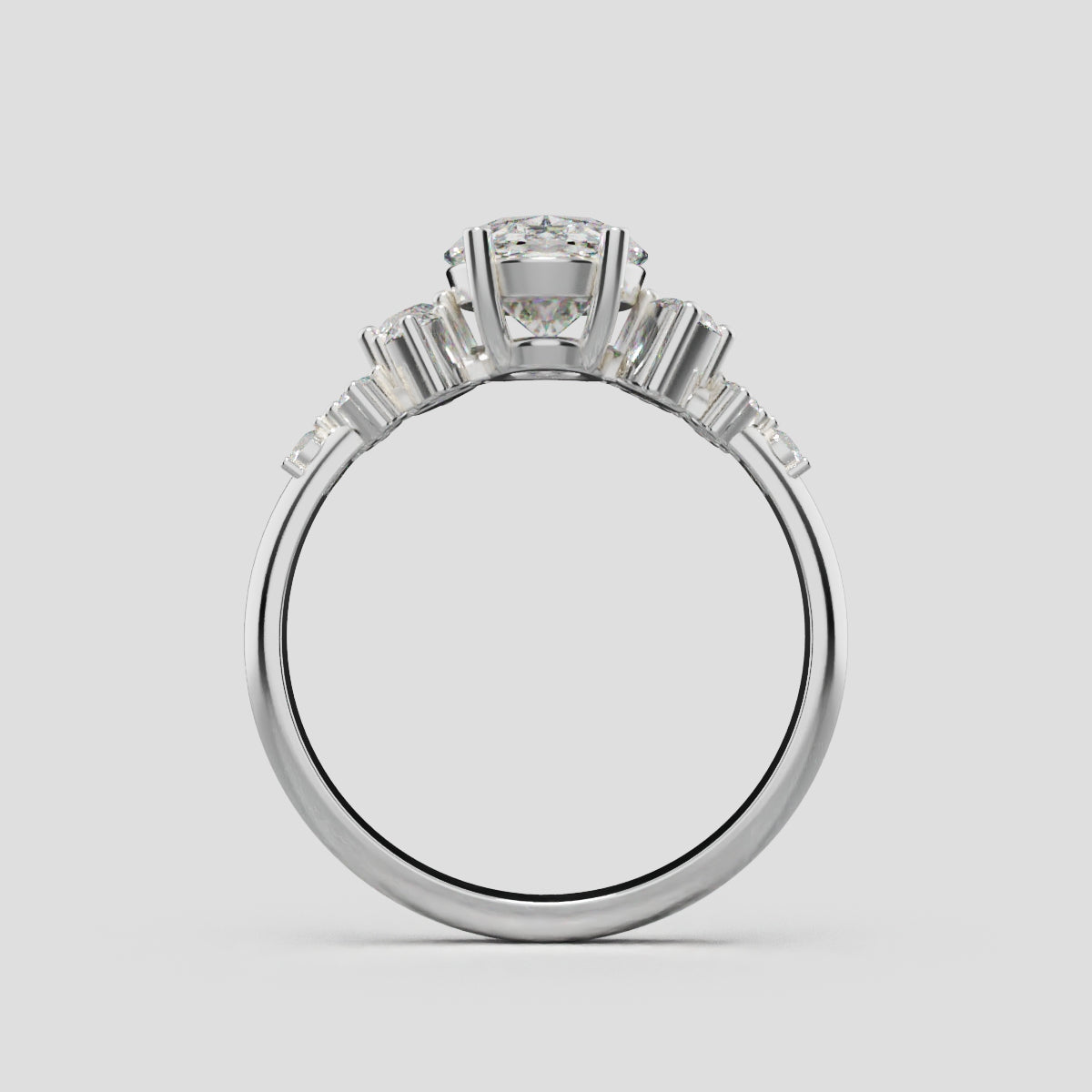 Sciame, 1.5ct oval lab grown diamond engagement ring, Cluster, 18K white gold - through finger
