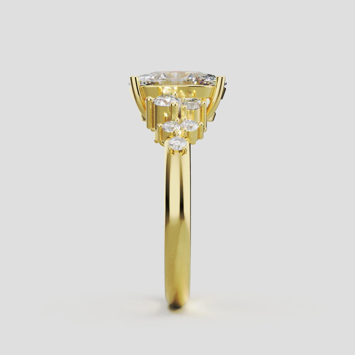 Sciame, 1.5ct oval lab grown diamond engagement ring, Cluster, 18K yellow gold - side view