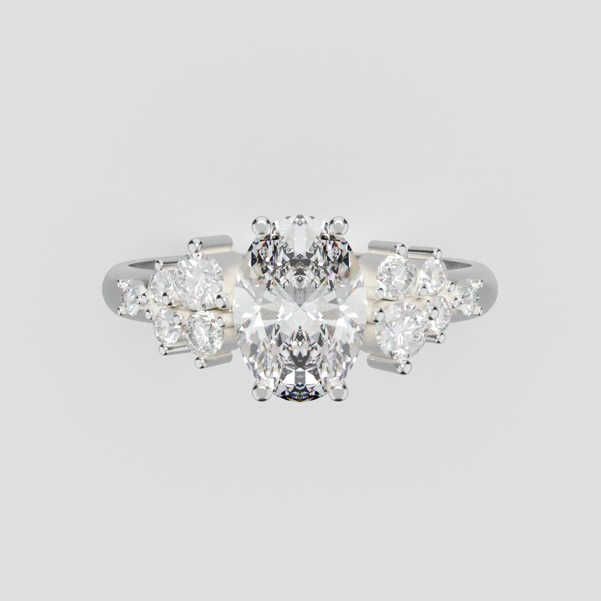 Sciame, 1ct oval lab grown diamond engagement ring, Cluster, 18K white gold - front view