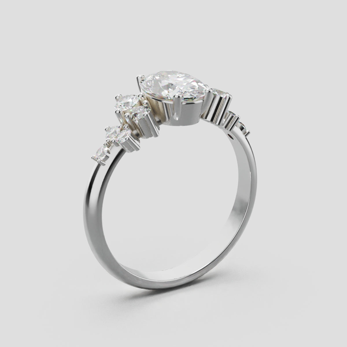Sciame, 1ct oval lab grown diamond engagement ring, Cluster, 18K white gold - ne