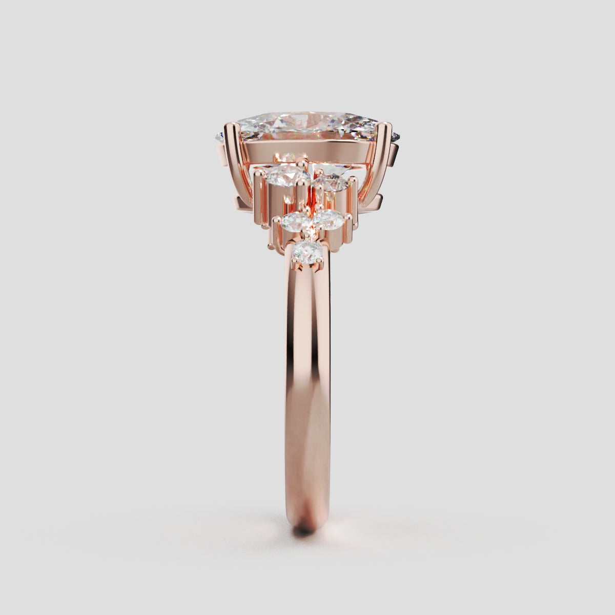 Sciame, 2ct oval lab grown diamond engagement ring, Cluster, 18K rose gold - side view