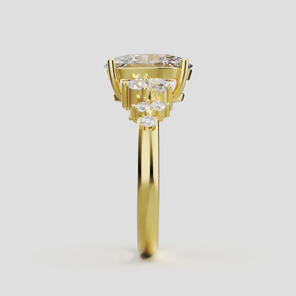 Sciame, 2ct oval lab grown diamond engagement ring, Cluster, 18K yellow gold - side view