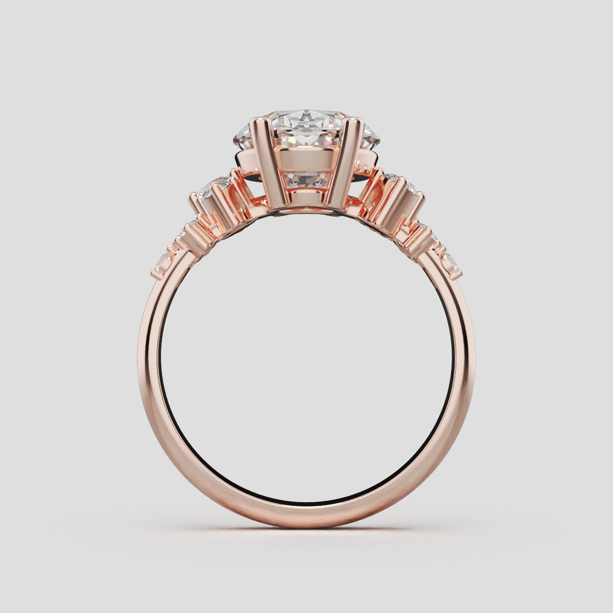 Sciame, 3ct oval lab grown diamond engagement ring, Cluster, 18K rose gold - through finger