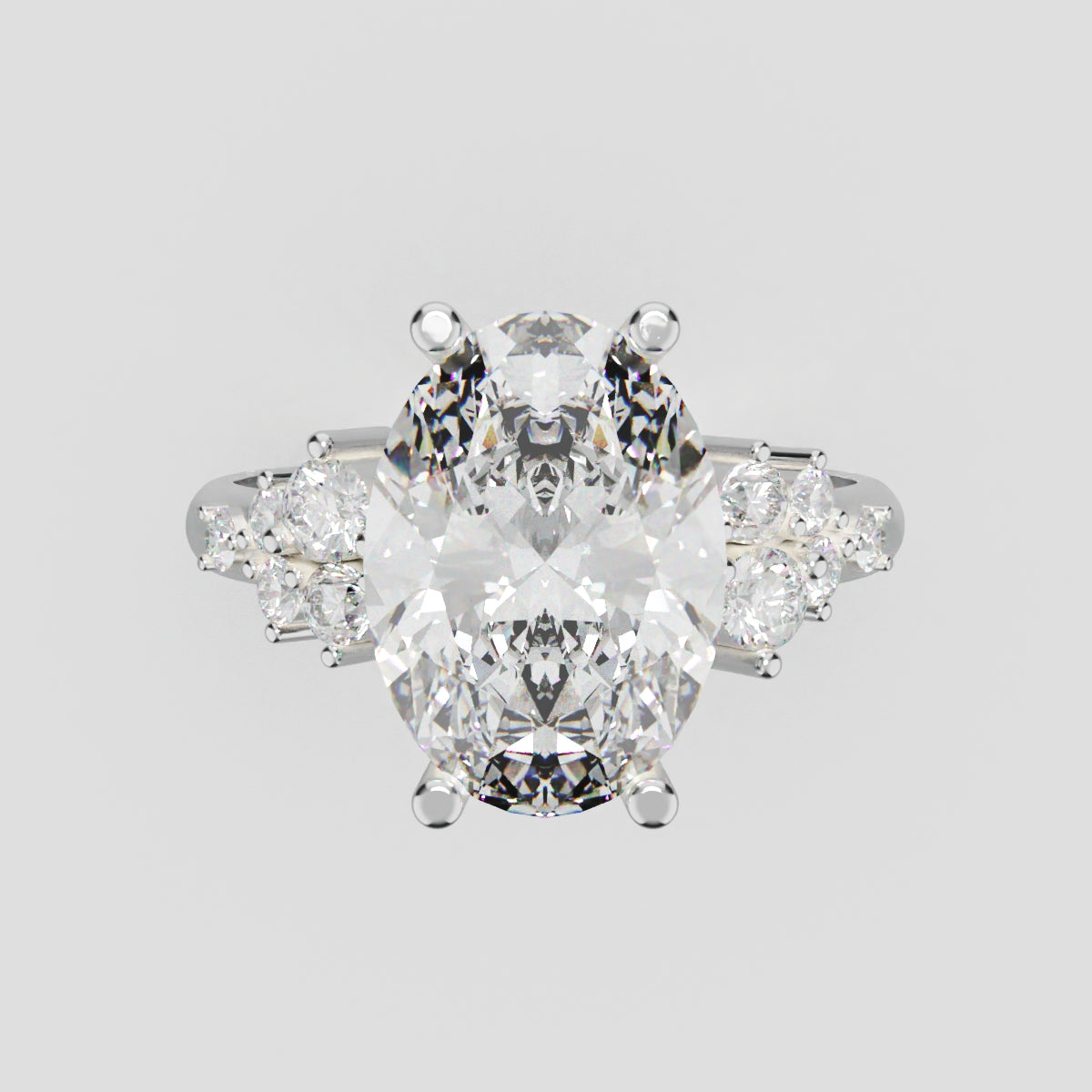 Sciame, 3ct oval lab grown diamond engagement ring, Cluster, 18K white gold - front view