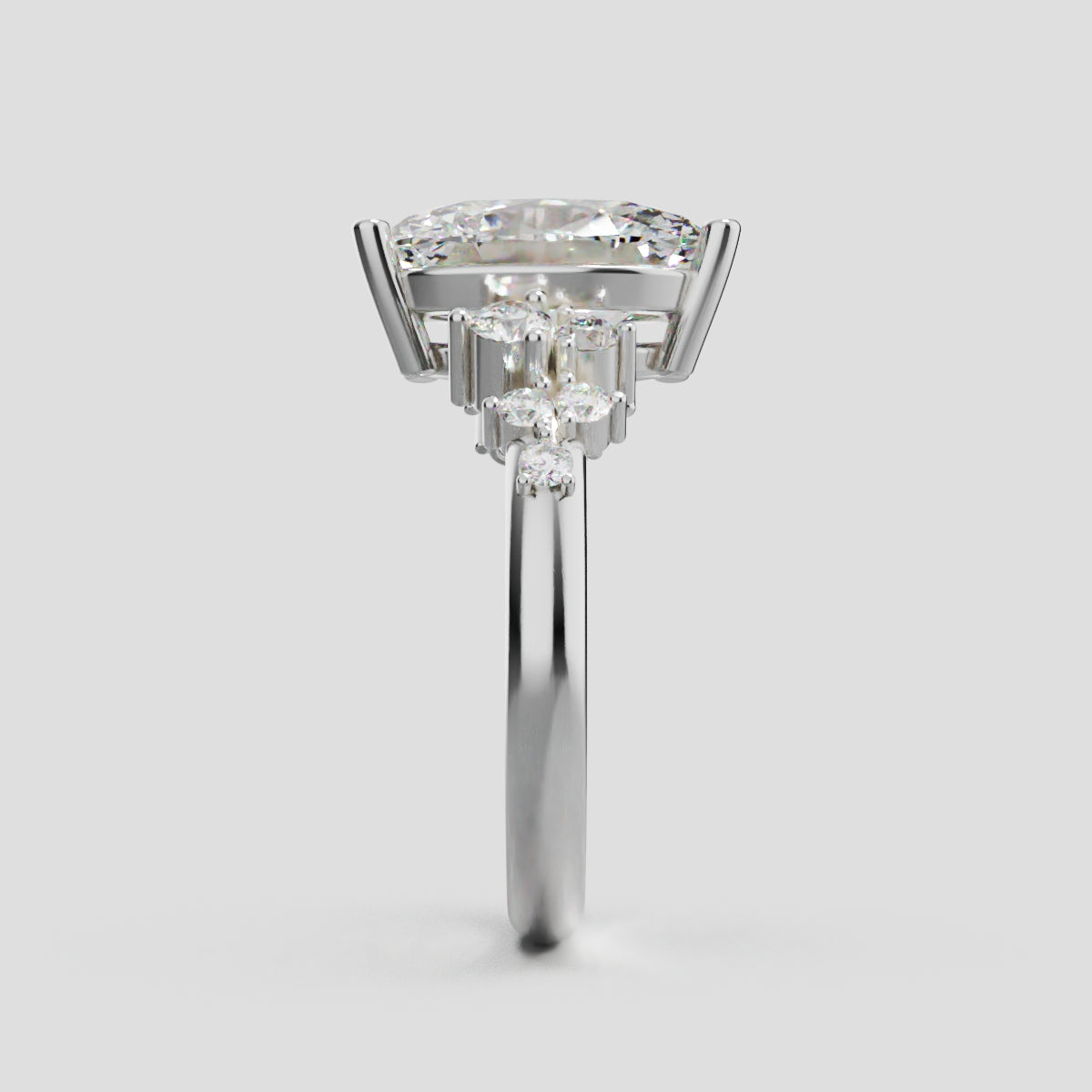 Sciame, 3ct oval lab grown diamond engagement ring, Cluster, 18K white gold - side view