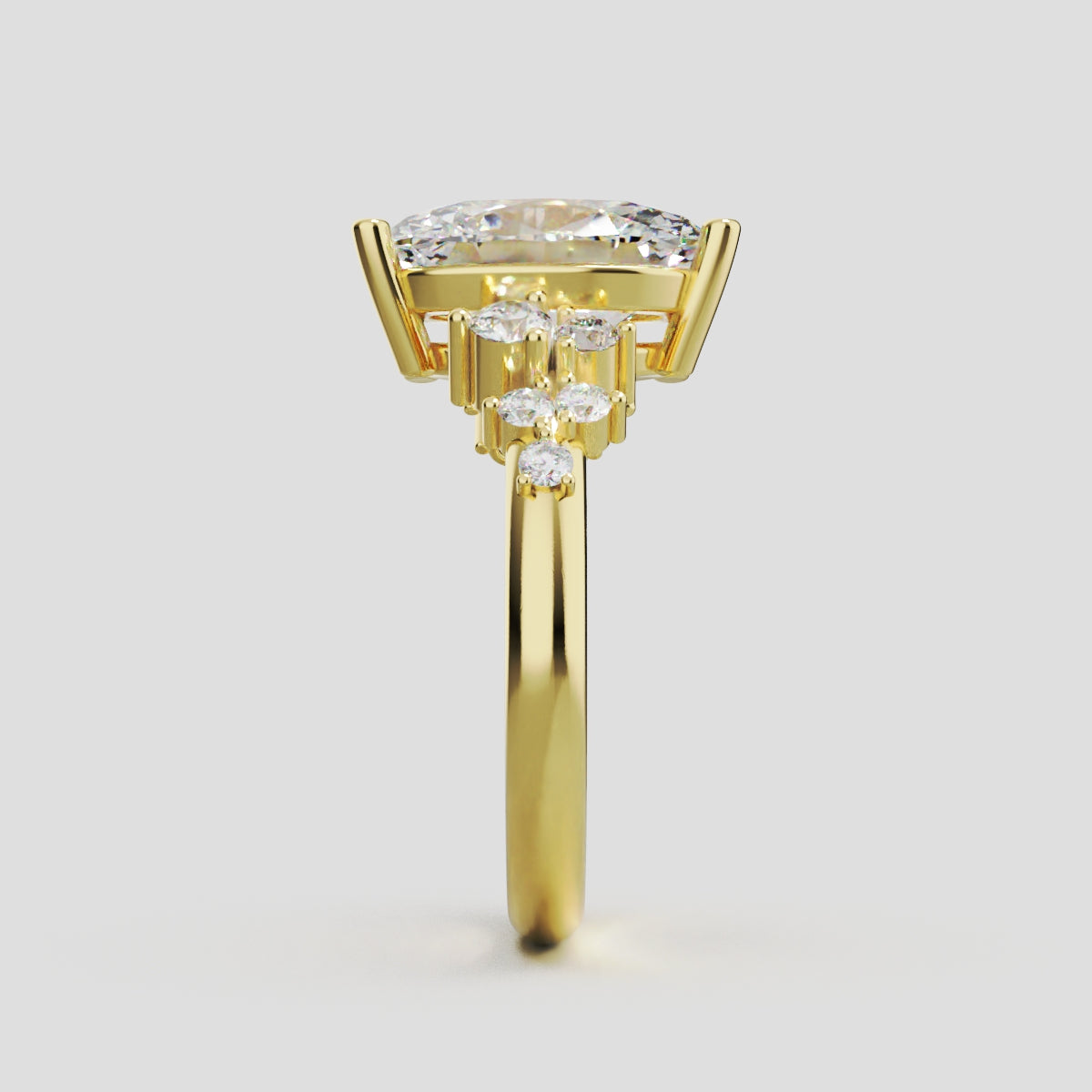 Sciame, 3ct oval lab grown diamond engagement ring, Cluster, 18K yellow gold - side view