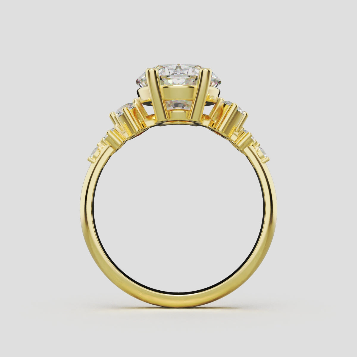 Sciame, 3ct oval lab grown diamond engagement ring, Cluster, 18K yellow gold - through finger