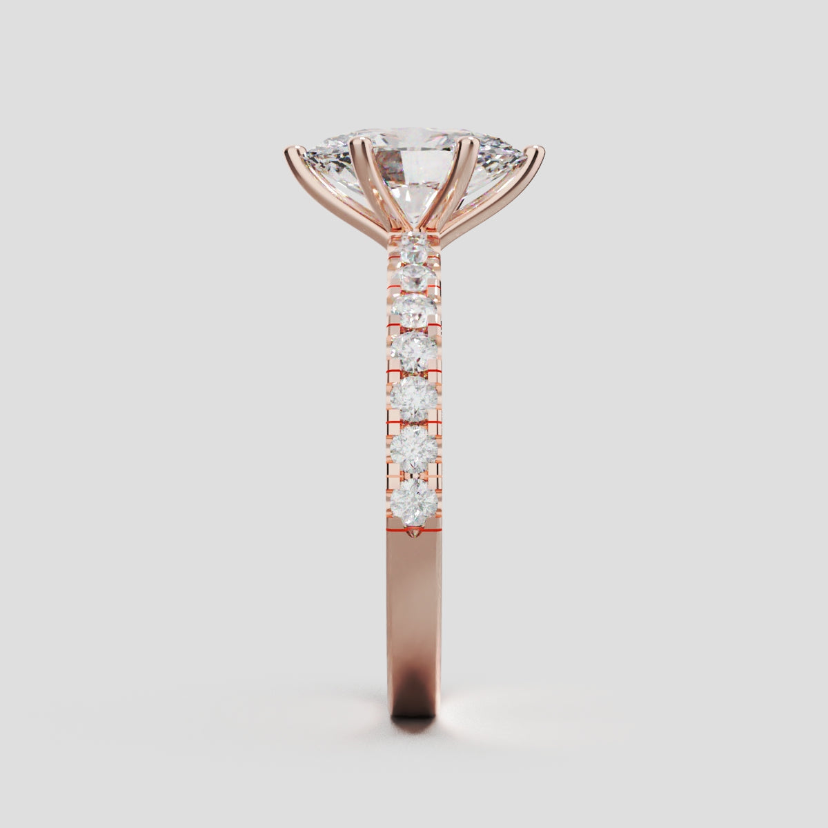 Pioggia, 1.5ct oval lab grown diamond engagement ring, 1.8mm Pave, 6 Prongs, 18K rose gold - side view