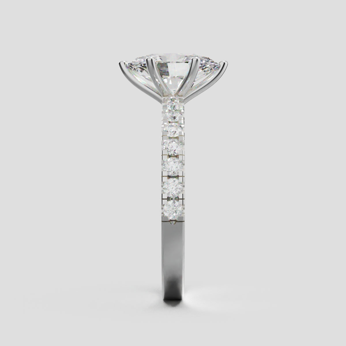 Pioggia, 1.5ct oval lab grown diamond engagement ring, 1.8mm Pave, 6 Prongs, 18K white gold - side view