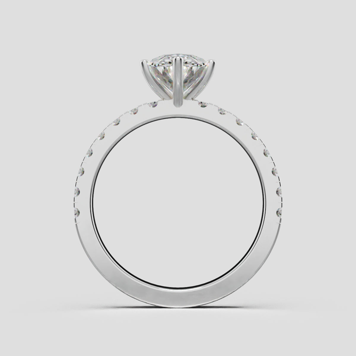 Pioggia, 1.5ct oval lab grown diamond engagement ring, 1.8mm Pave, 6 Prongs, 18K white gold - through finger
