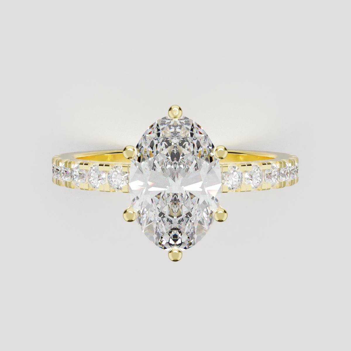 Pioggia, 1.5ct oval lab grown diamond engagement ring, 1.8mm Pave, 6 Prongs, 18K yellow gold - front view
