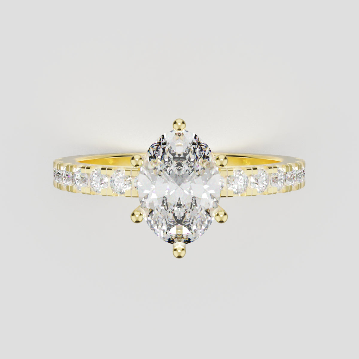 Pioggia, 1ct oval lab grown diamond engagement ring, 1.8mm Pave, 6 Prongs, 18K yellow gold - front view