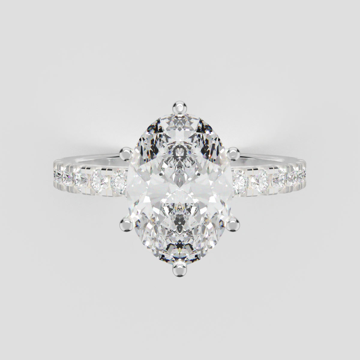 Pioggia, 2ct oval lab grown diamond engagement ring, 1.8mm Pave, 6 Prongs, 18K white gold - front view