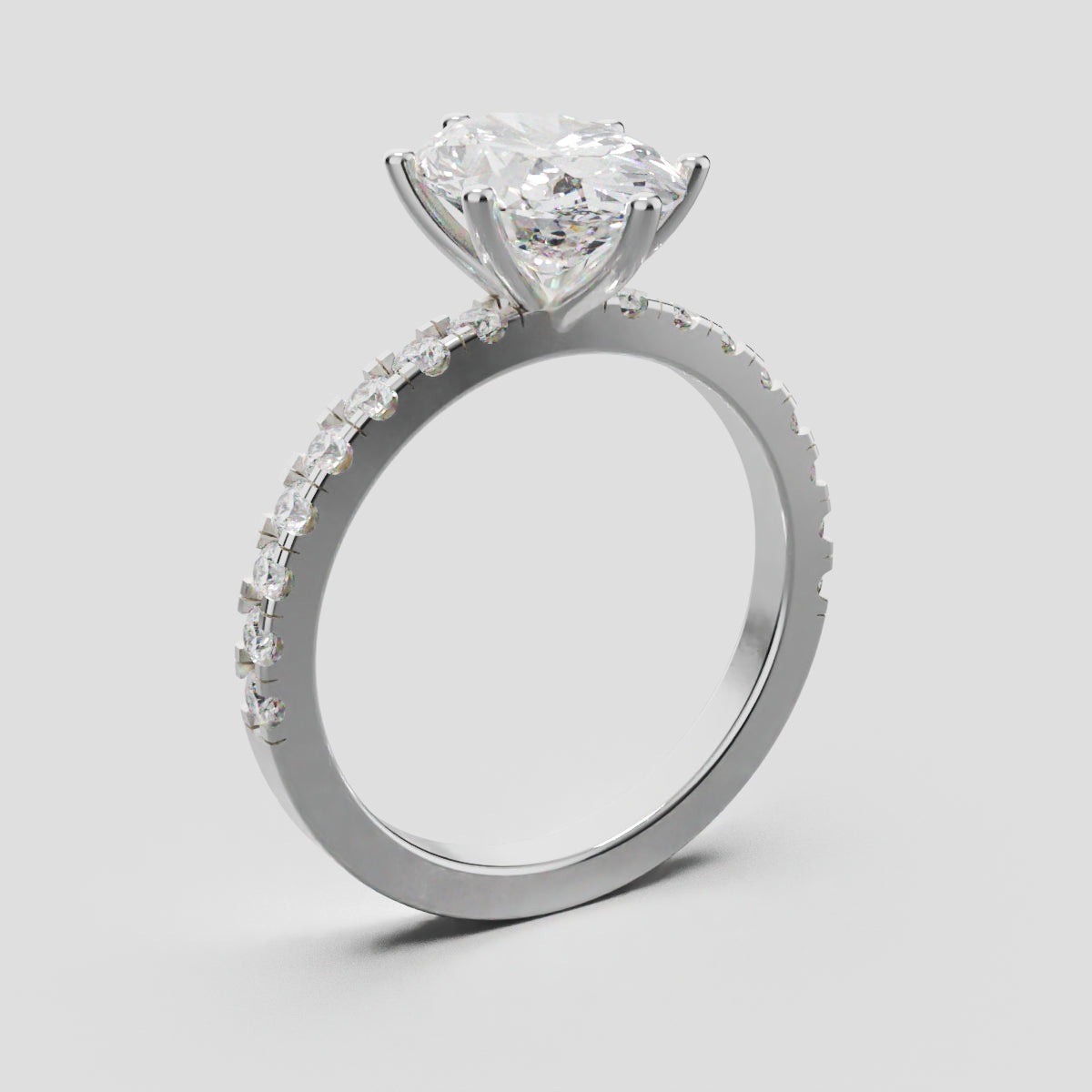 Pioggia, 2ct oval lab grown diamond engagement ring, 1.8mm Pave, 6 Prongs, 18K white gold - ne