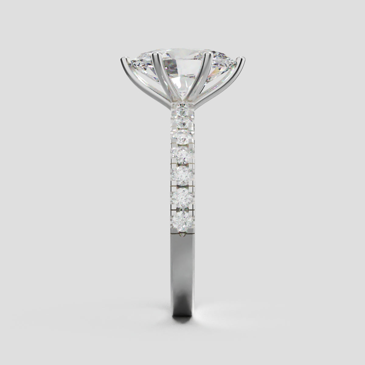 Pioggia, 2ct oval lab grown diamond engagement ring, 1.8mm Pave, 6 Prongs, 18K white gold - side view