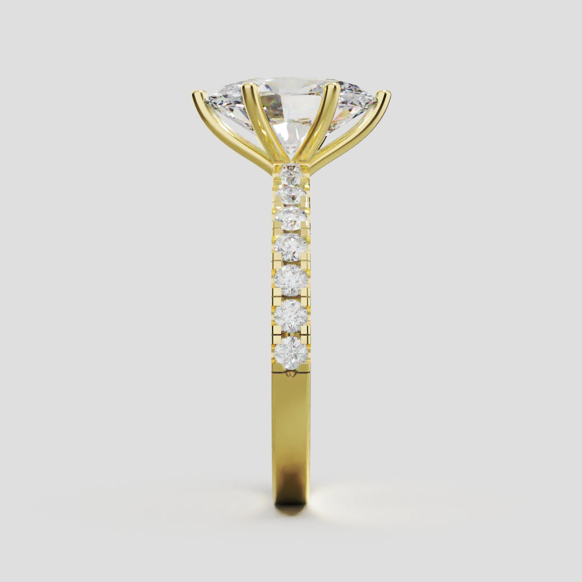 Pioggia, 2ct oval lab grown diamond engagement ring, 1.8mm Pave, 6 Prongs, 18K yellow gold - side view