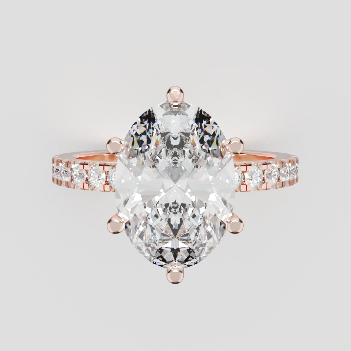 Pioggia, 3ct oval lab grown diamond engagement ring, 1.8mm Pave, 6 Prongs, 18K rose gold - front view