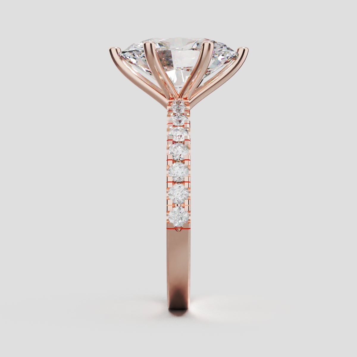Pioggia, 3ct oval lab grown diamond engagement ring, 1.8mm Pave, 6 Prongs, 18K rose gold - side view