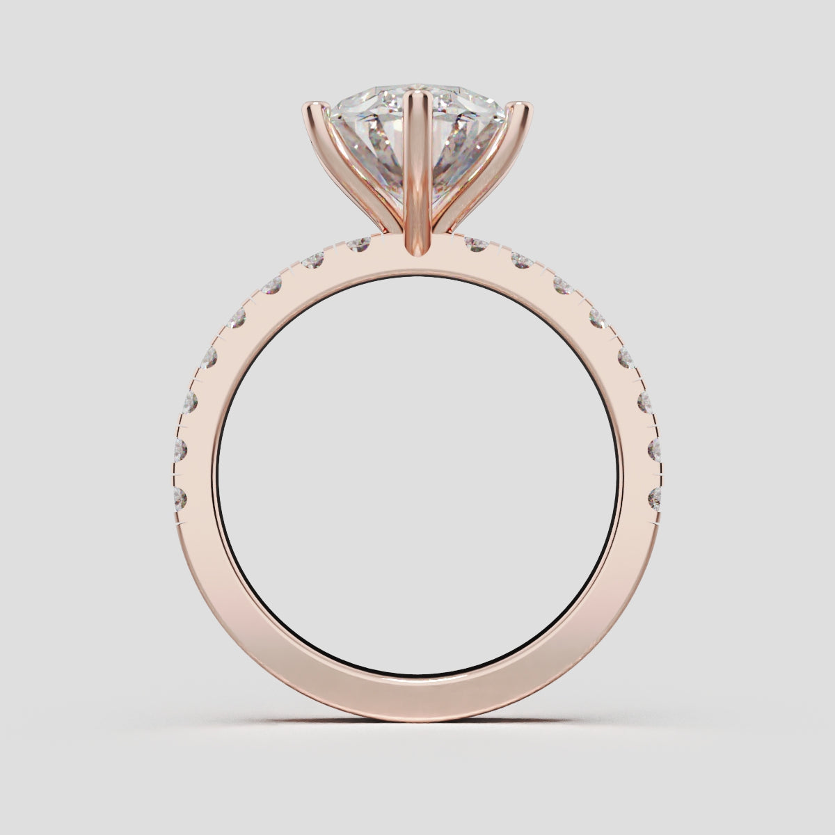 Pioggia, 3ct oval lab grown diamond engagement ring, 1.8mm Pave, 6 Prongs, 18K rose gold - through finger