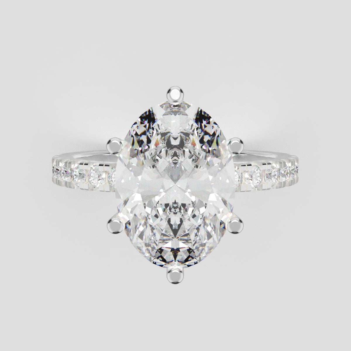 Pioggia, 3ct oval lab grown diamond engagement ring, 1.8mm Pave, 6 Prongs, 18K white gold - front view