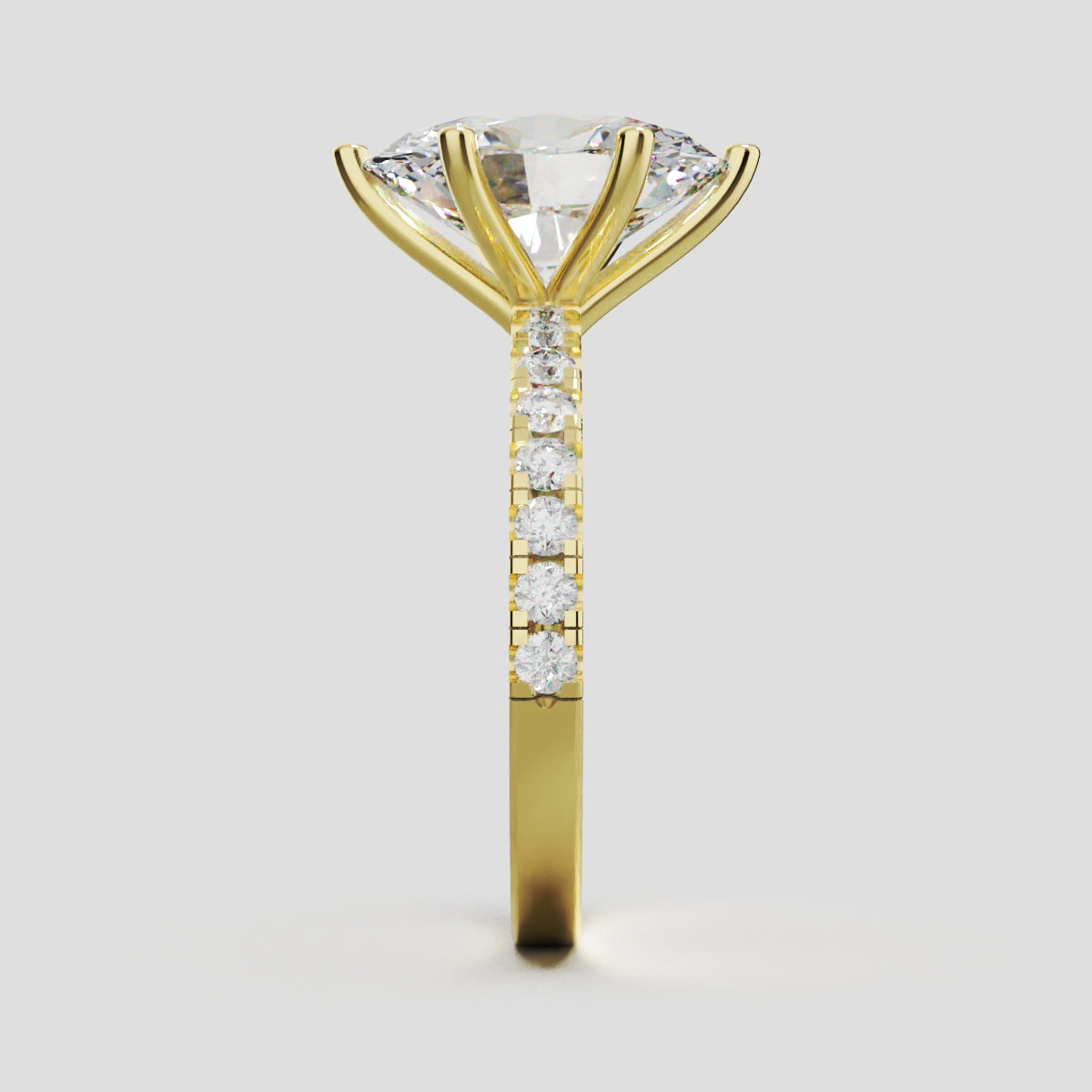 Pioggia, 3ct oval lab grown diamond engagement ring, 1.8mm Pave, 6 Prongs, 18K yellow gold - side view