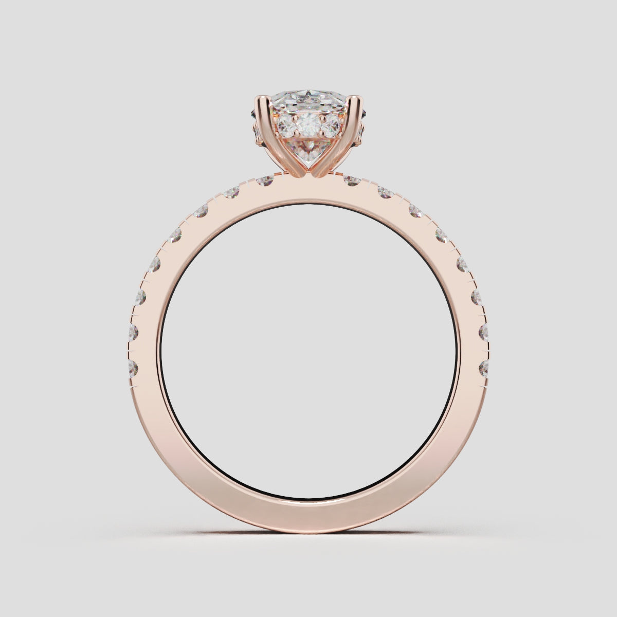 Foschia, 1.5ct oval lab grown diamond engagement ring, 1.8mm Pave, Hidden Halo, 18K rose gold - through finger