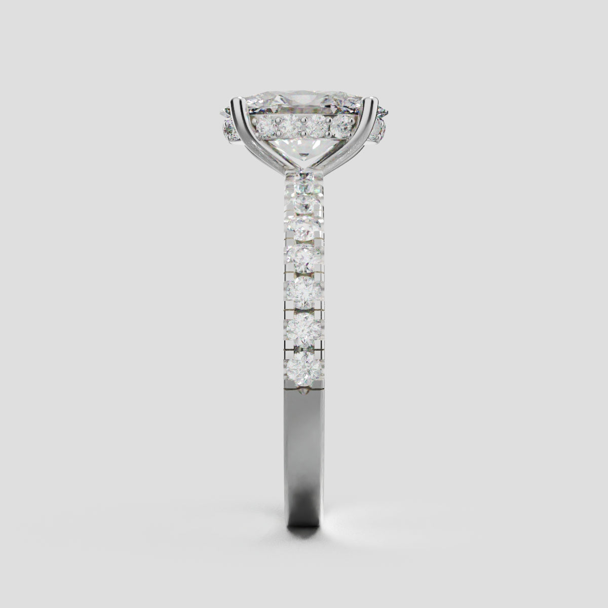 Foschia, 1.5ct oval lab grown diamond engagement ring, 1.8mm Pave, Hidden Halo, 18K white gold - side view