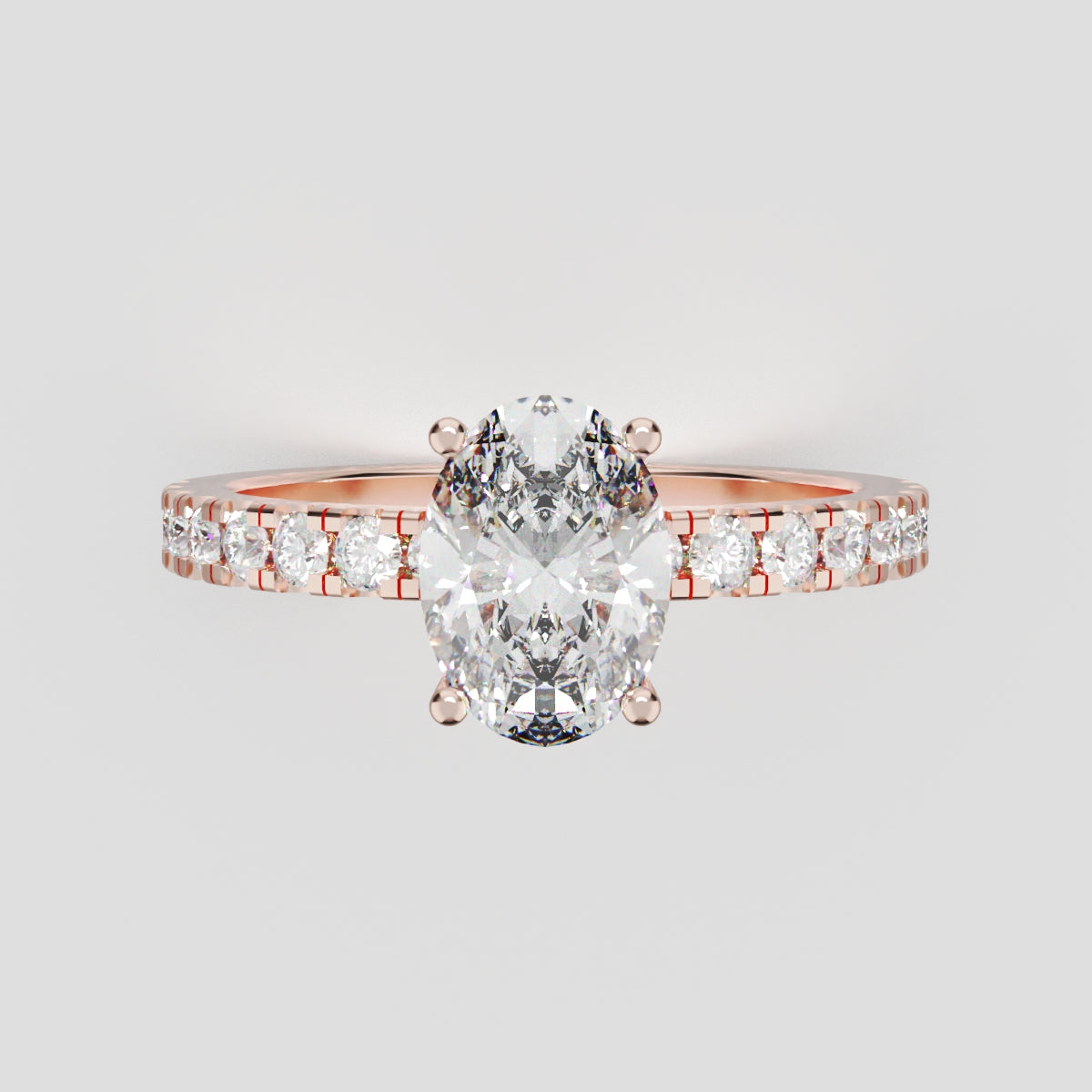 Foschia, 1ct oval lab grown diamond engagement ring, 1.8mm Pave, Hidden Halo, 18K rose gold - front view