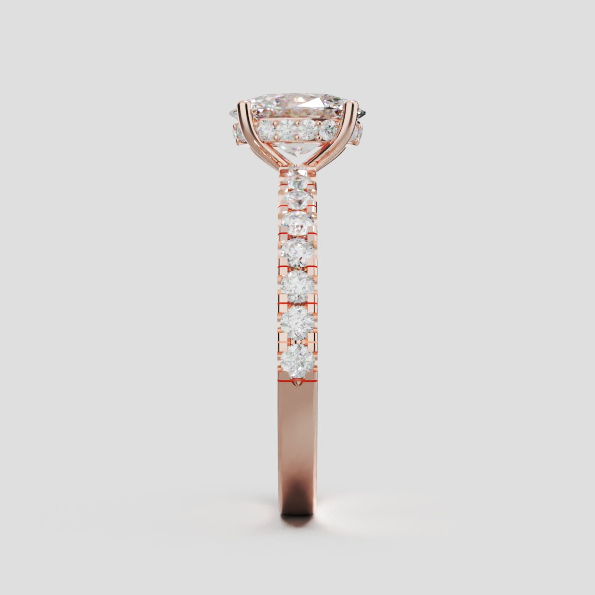 Foschia, 1ct oval lab grown diamond engagement ring, 1.8mm Pave, Hidden Halo, 18K rose gold - side view