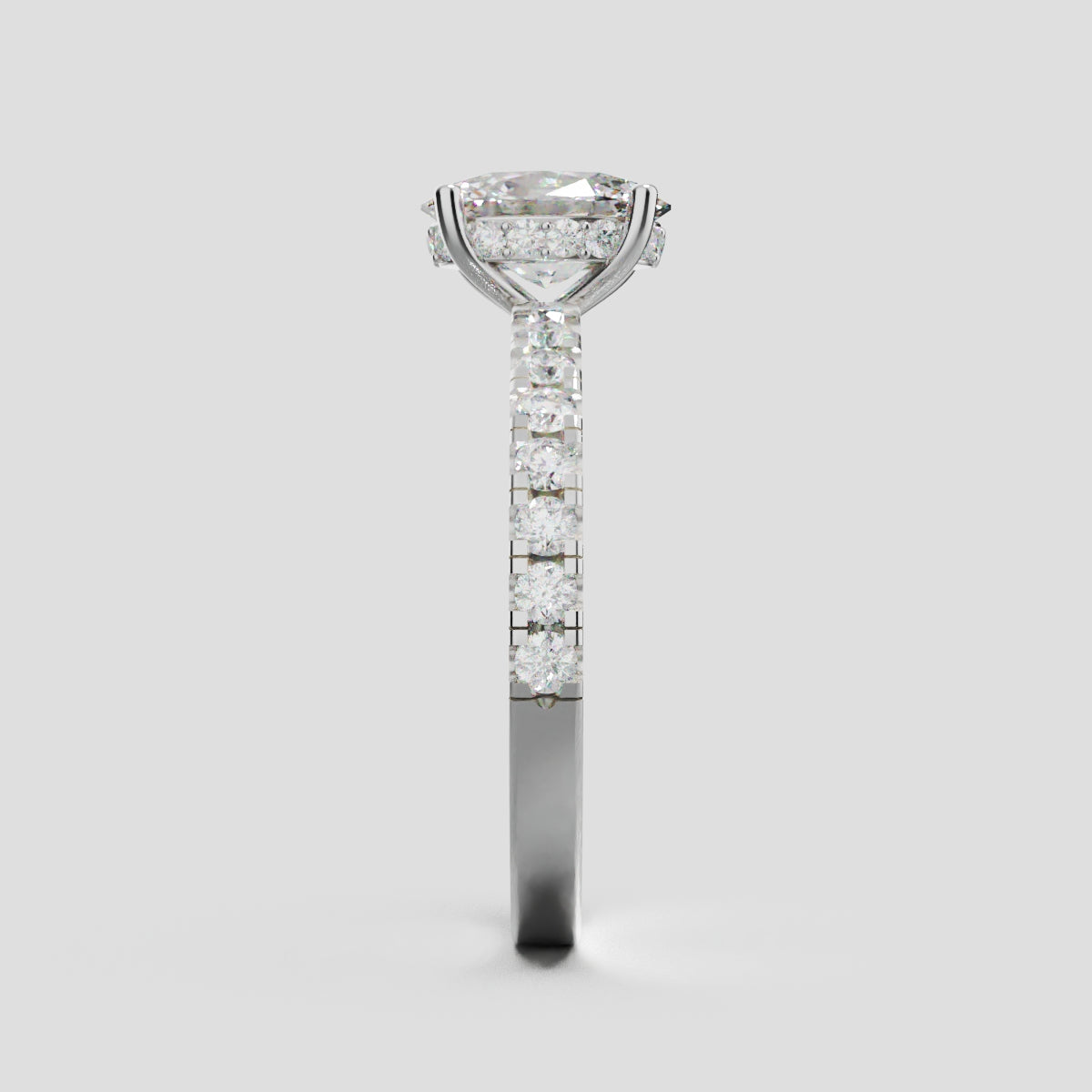 Foschia, 1ct oval lab grown diamond engagement ring, 1.8mm Pave, Hidden Halo, 18K white gold - side view