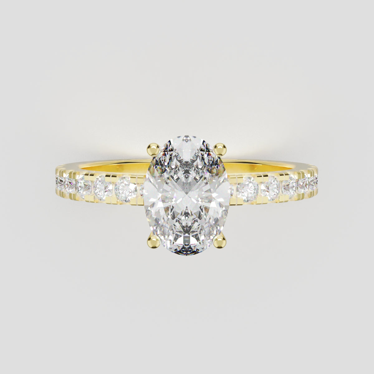 Foschia, 1ct oval lab grown diamond engagement ring, 1.8mm Pave, Hidden Halo, 18K yellow gold - front view